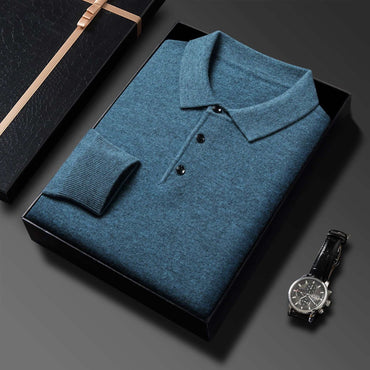 Thickening men's pure wool sweater long sleeve knitting shirt in blue gray folded in black gift box with wristwatch on dark background