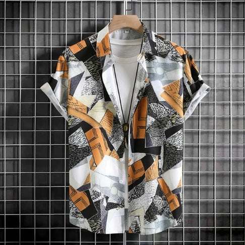 Plus size casual short sleeve 3D digital printing shirt with abstract geometric pattern in black, white, orange, and gray colors.