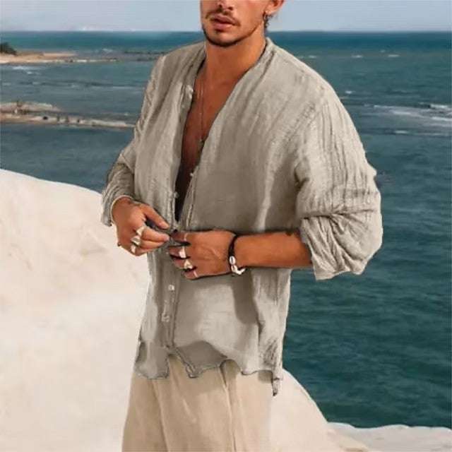 Men's casual loose fit half sleeve shirt in light gray cotton blend fabric by the sea