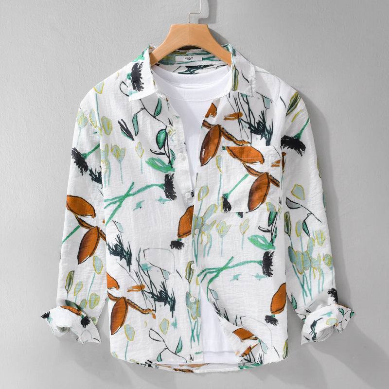 Simple casual wide men's shirt with floral pattern in white and black, loose fit, hemp blend fabric.