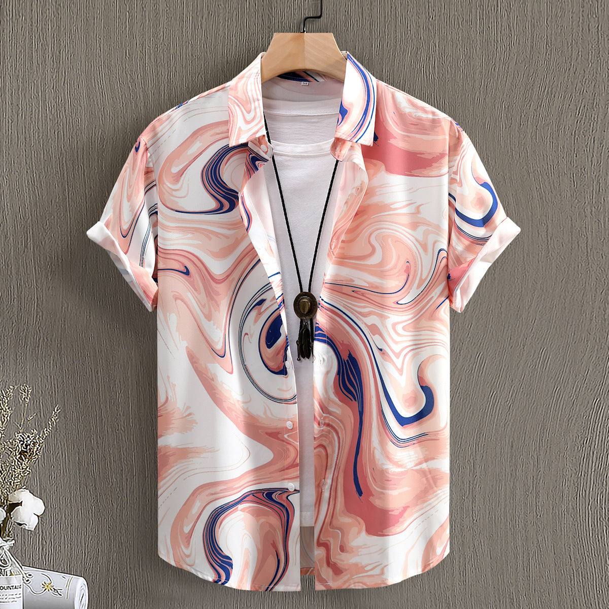 Men's short sleeve shirt with fashion digital printing in pink, white, and blue swirl design for summer style