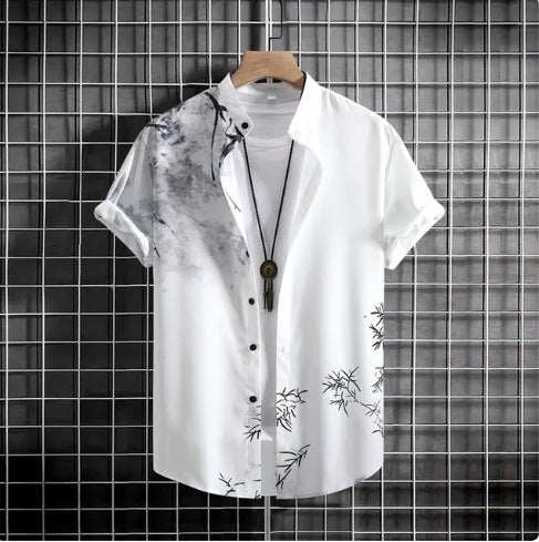 Plus size casual short sleeve shirt with 3D digital black and white print and loose fit