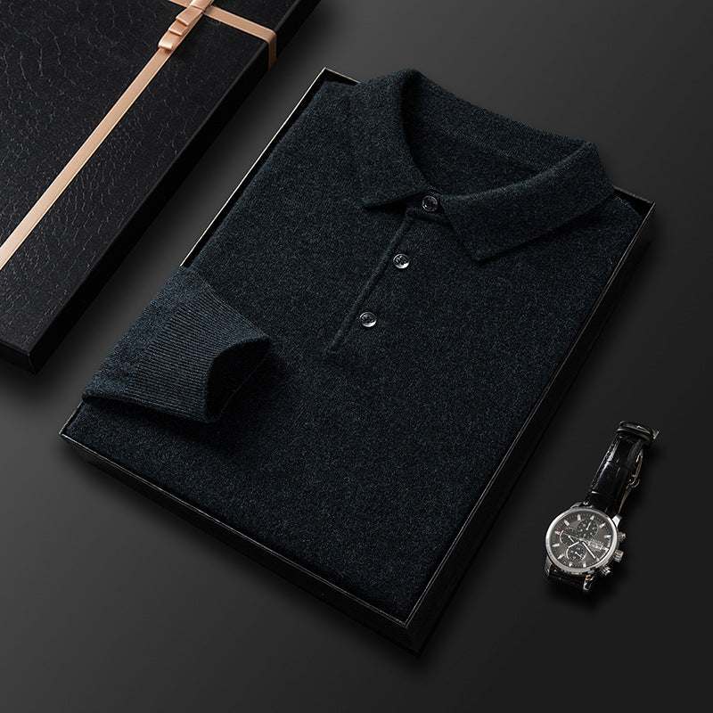 Thickening men's pure wool sweater long sleeve knitting shirt in black folded in gift box with wristwatch on black background