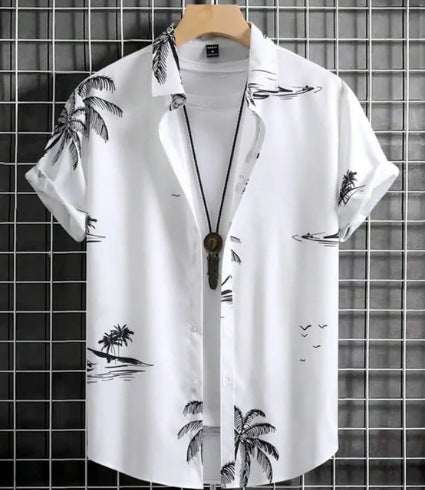 Plus size casual white short sleeve shirt with black palm tree print and loose fit design