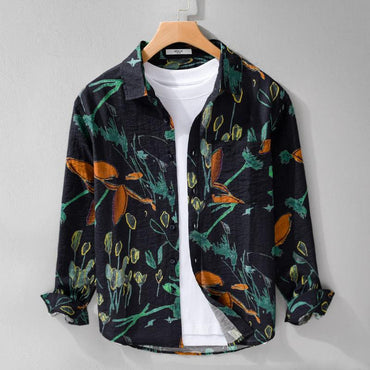Simple casual wide men's black floral pattern loose fit shirt with hemp blend fabric
