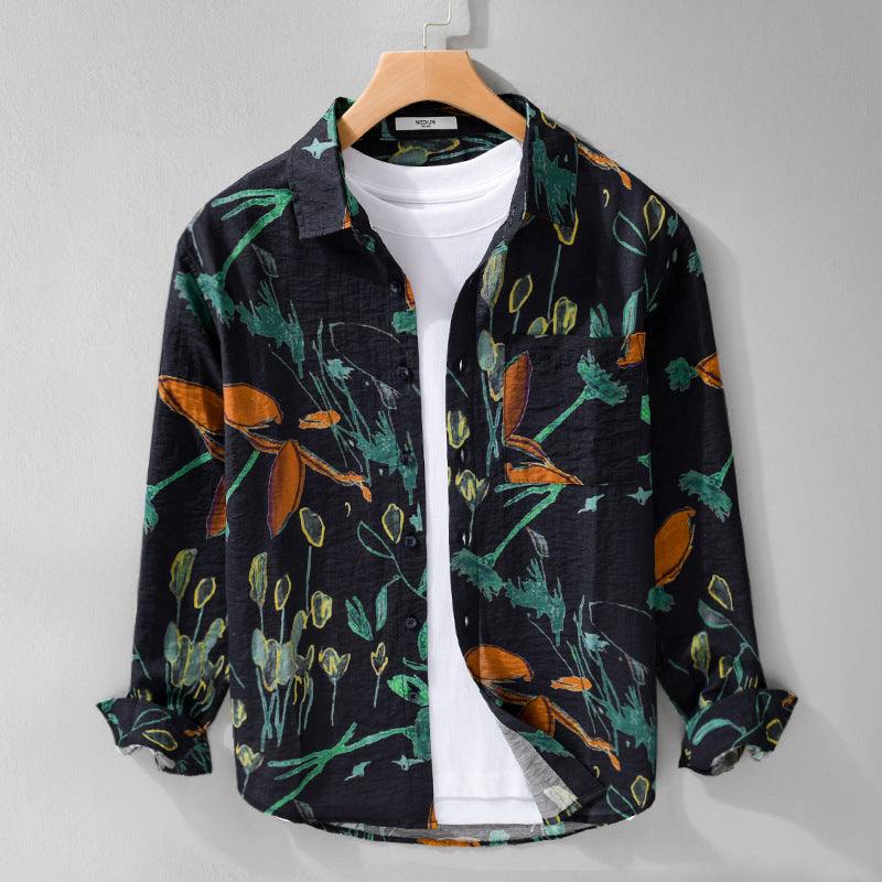 Simple casual wide men's black floral pattern loose fit shirt with hemp blend fabric
