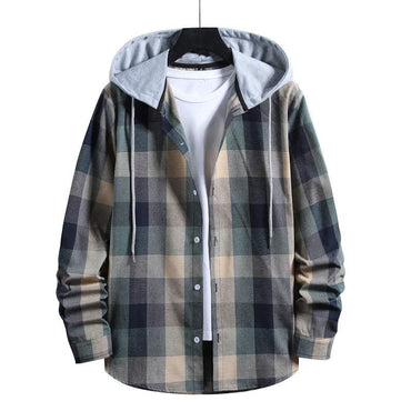 Men's plaid casual shirt with hood in muted green, black, and beige tones, featuring button front and drawstring hood.