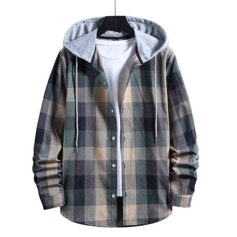 Men's plaid casual shirt with hood in muted green, black, and beige tones, featuring button front and drawstring hood.