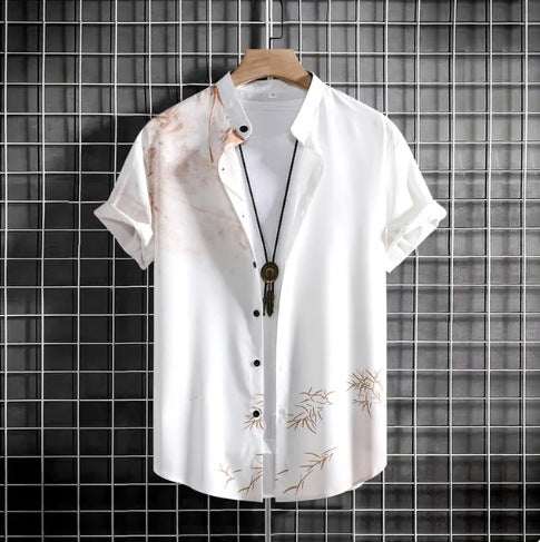 Plus size casual short sleeve shirt with 3D digital printing and bamboo leaf pattern