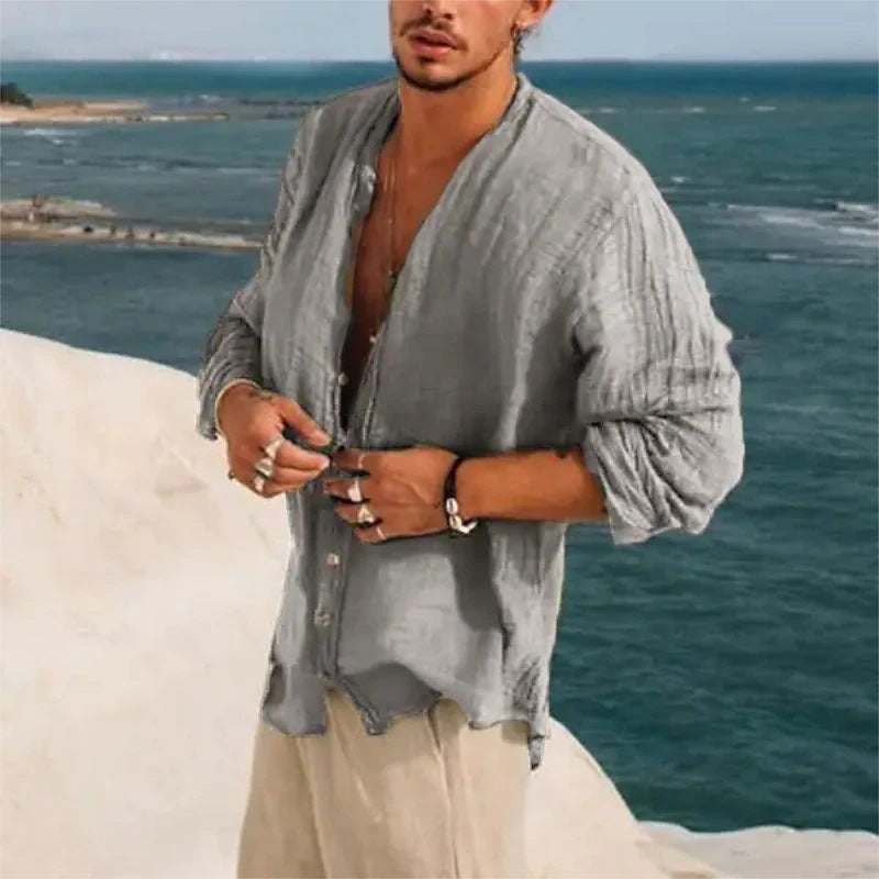 Men's casual trendy loose fit half sleeve shirt in gray cotton blend fabric by the sea