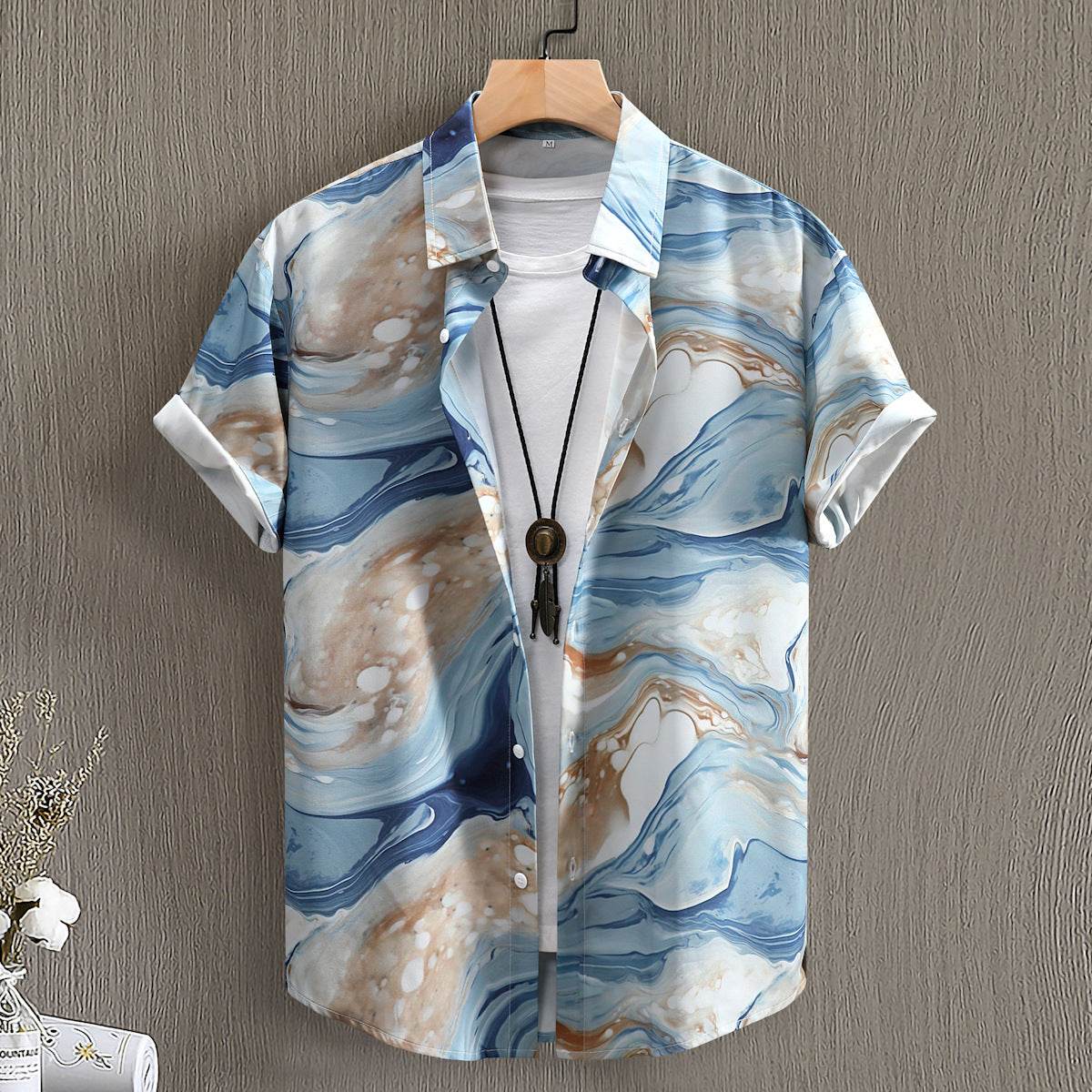 Men's short sleeve shirt with blue and beige abstract fashion digital printing design