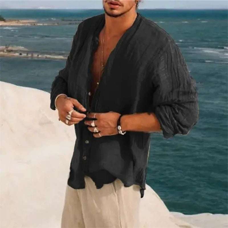 Men's casual half sleeve loose cardigan shirt in dark color by the sea