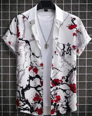 Plus size casual short sleeve shirt with 3D digital floral print, loose fit, summer style.