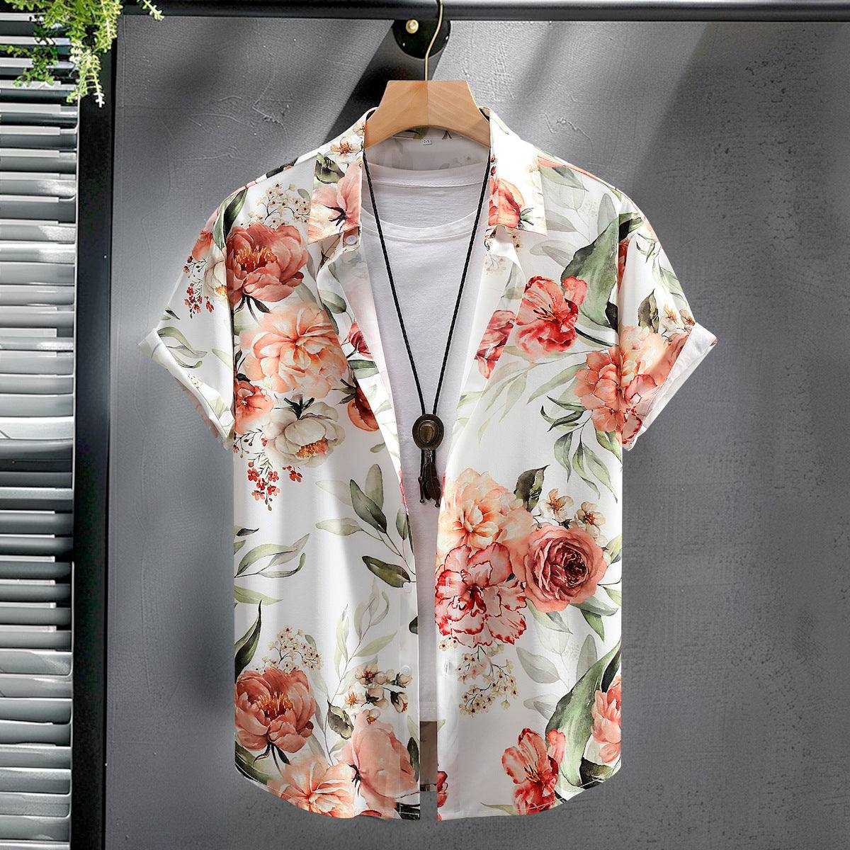 Men's short sleeve shirt with vibrant fashion digital printing and floral design, lightweight and breathable fabric for summer style
