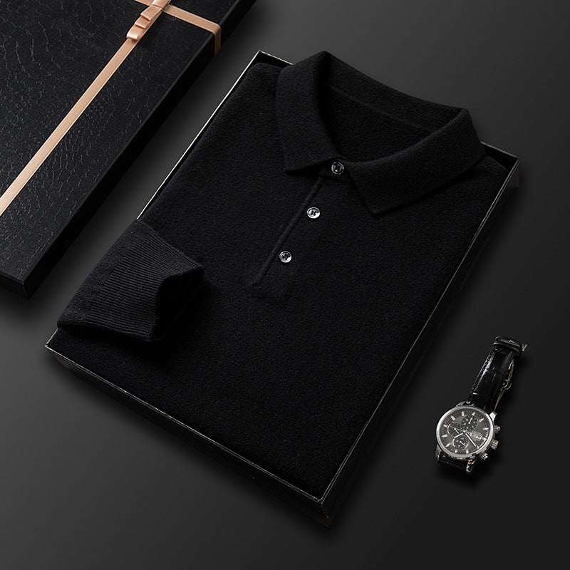 Thickening men's pure wool sweater long sleeve in black with collar buttons displayed in gift box next to black wristwatch