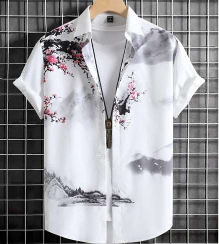Plus size casual short sleeve shirt with 3D digital floral and landscape print in white acetate fabric.