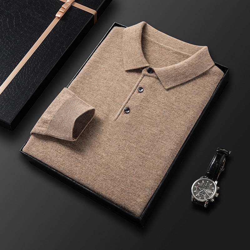 Thickening men's pure wool camel color long sleeve polo sweater in gift box with wristwatch on black background