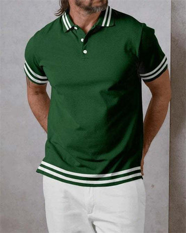Green 3D printed irregular stripe series short sleeve slim fit polo shirt with white stripe details on collar, sleeves, and hem