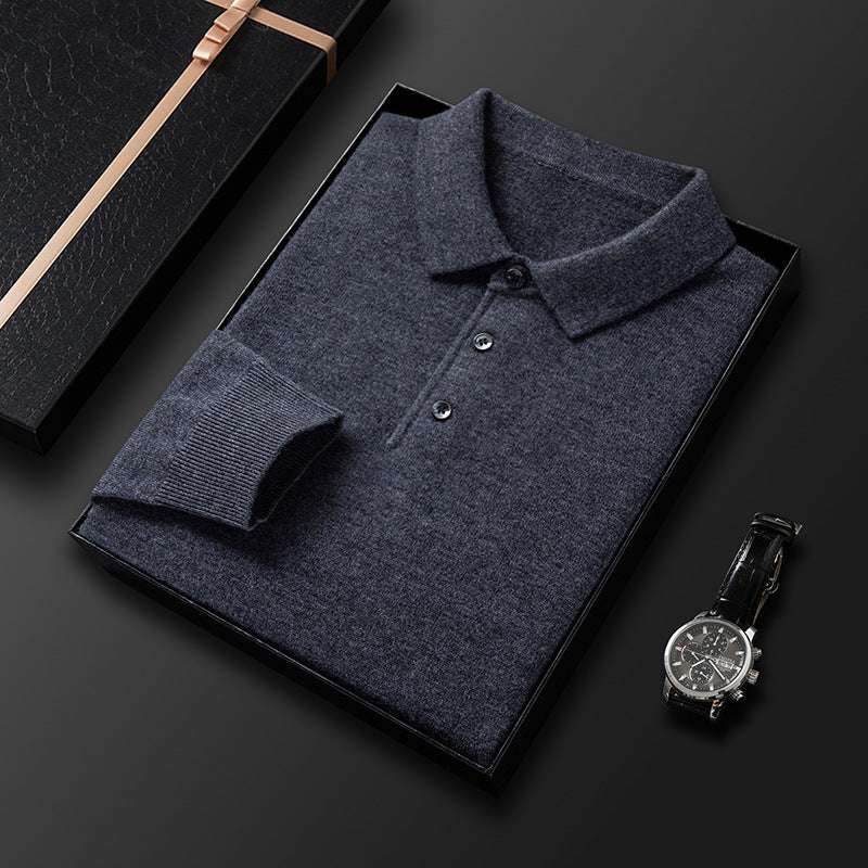 Thickening men's pure wool long sleeve sweater in dark blue with collar and button placket packaged in gift box with black watch on side