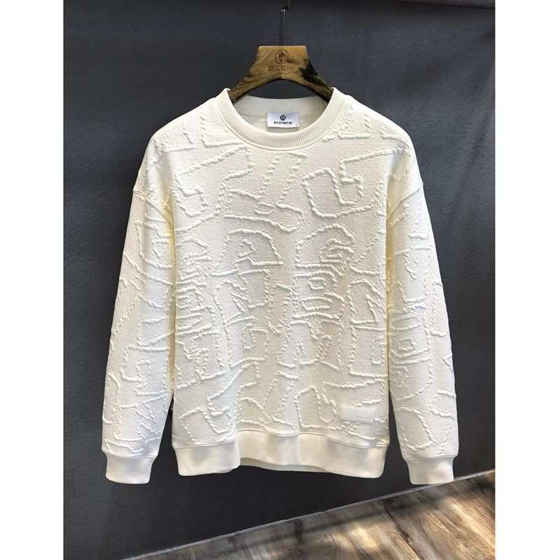 Men's autumn textured jacquard heavy round neck sweater in milky white, slim fit pure cotton long sleeve