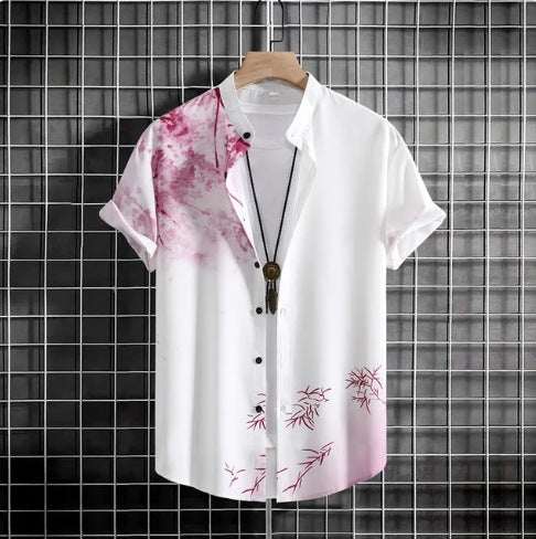Plus size casual short sleeve shirt with 3D digital pink floral printing and loose fit design