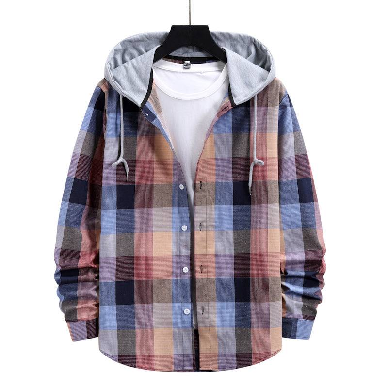 Men's fashion plaid hooded casual shirt in blue, pink, and beige checkered pattern with button front and grey hood