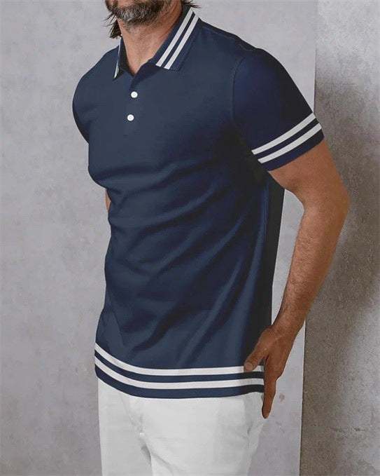 Men's slim fit short sleeve polo shirt with 3D printed irregular white stripes on navy blue background from the Stripe Series collection