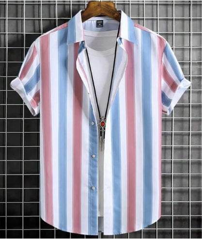 Plus size casual short sleeve striped shirt with digital printing and loose fit