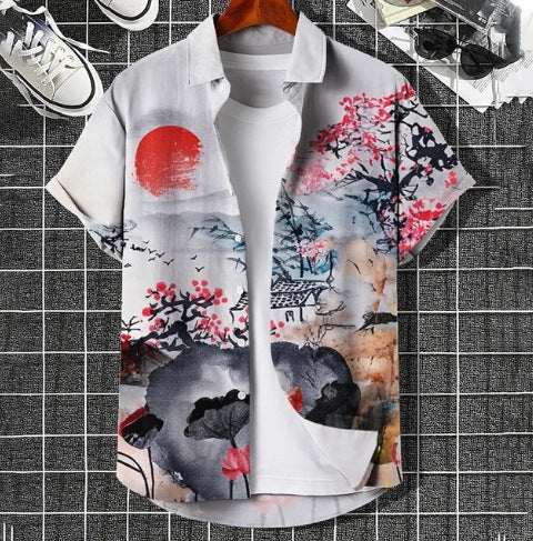 Plus size casual short sleeve shirt with 3D digital floral and landscape print, loose fit, summer sports style.