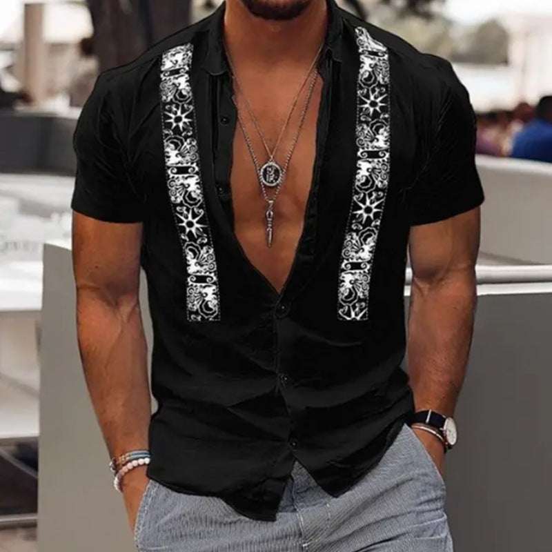 Fashion men's black Hawaiian short sleeve shirt with white patterned vertical stripes and casual loose fit