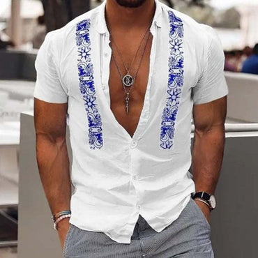 Fashion men's white Hawaiian shirt with blue embroidered stripes and short sleeves