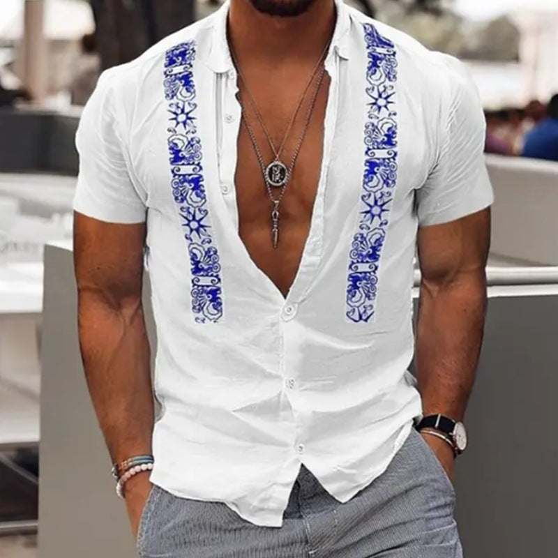 Fashion men's white Hawaiian shirt with blue embroidered stripes and short sleeves