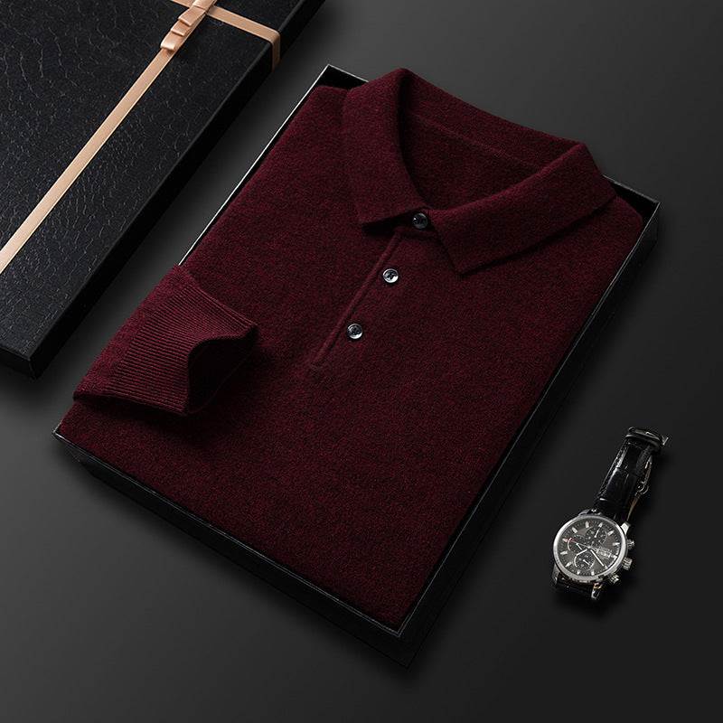 Thickening men's pure wool long sleeve sweater in dark red with collar and buttons, presented in a black gift box beside a wristwatch.