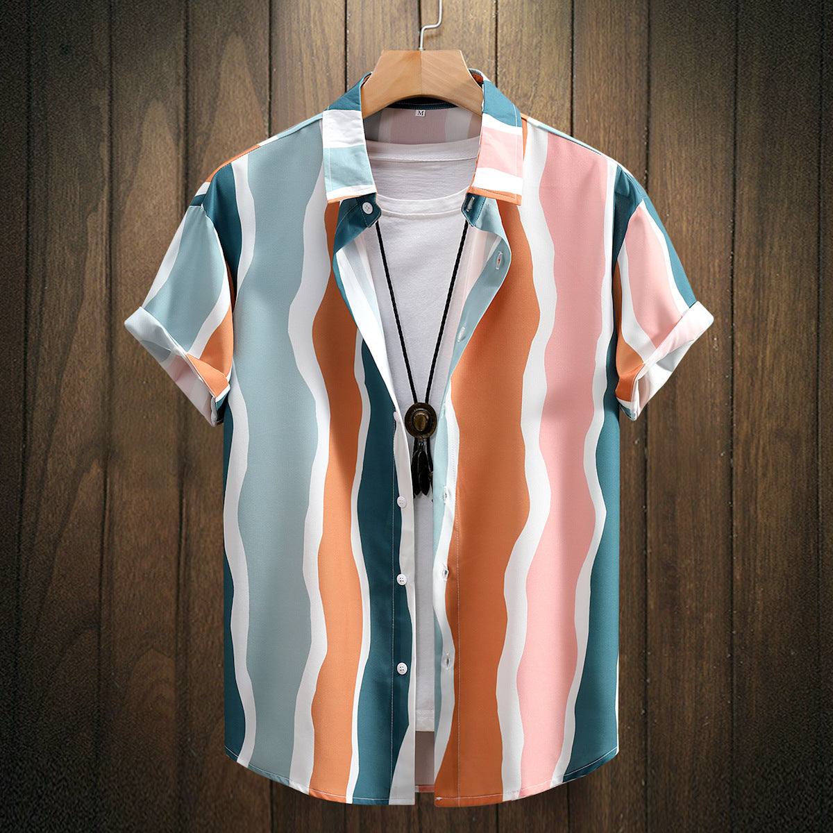 Men's short sleeve shirt with fashion digital printing and wavy multicolor stripes on lightweight fabric