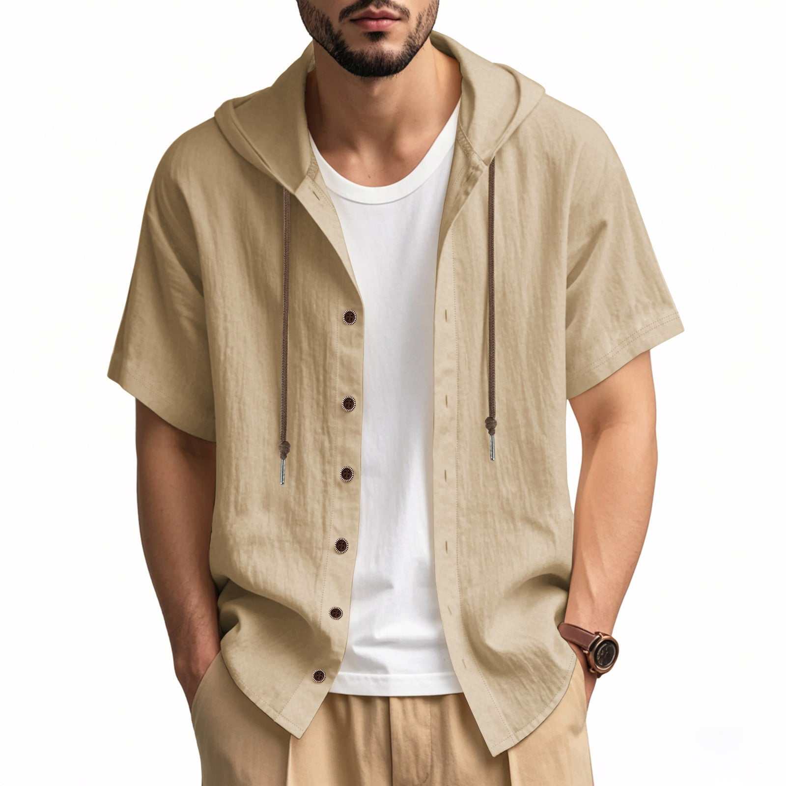 Men's loose hooded short-sleeved linen shirt in khaki color with button front and casual fit