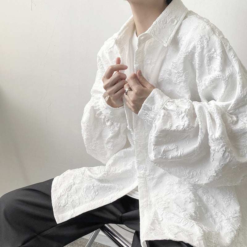Men's white jacquard embossed long sleeve shirt coat with loose fit and pleated design