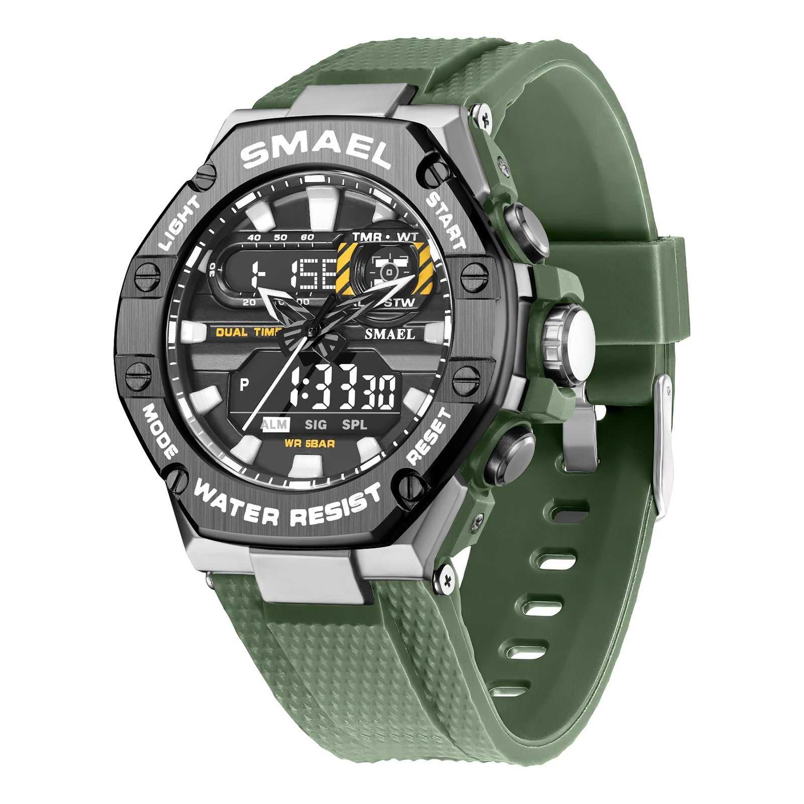 Digital Alloy Electronic Watch men’s waterproof with green strap and multifunctional digital display