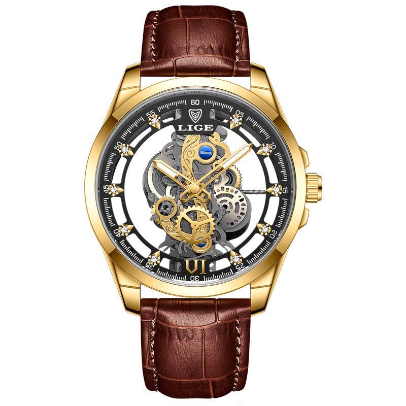 poedagar watch with gold skeleton dial and brown leather strap for stylish and durable wear