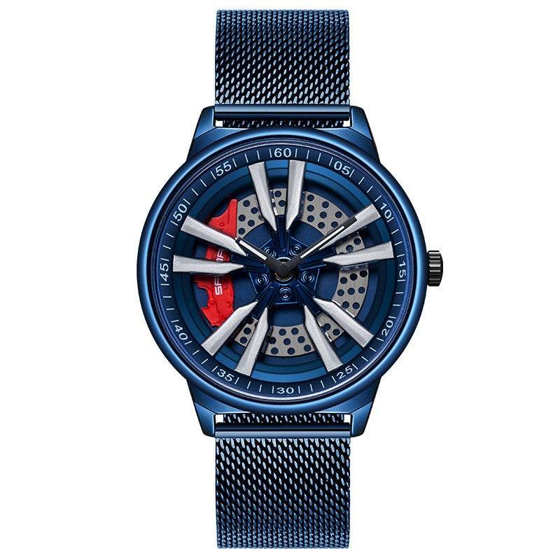 Mens Creative Cool Dial rotating wheel quartz watch with blue mesh strap and unique dial design