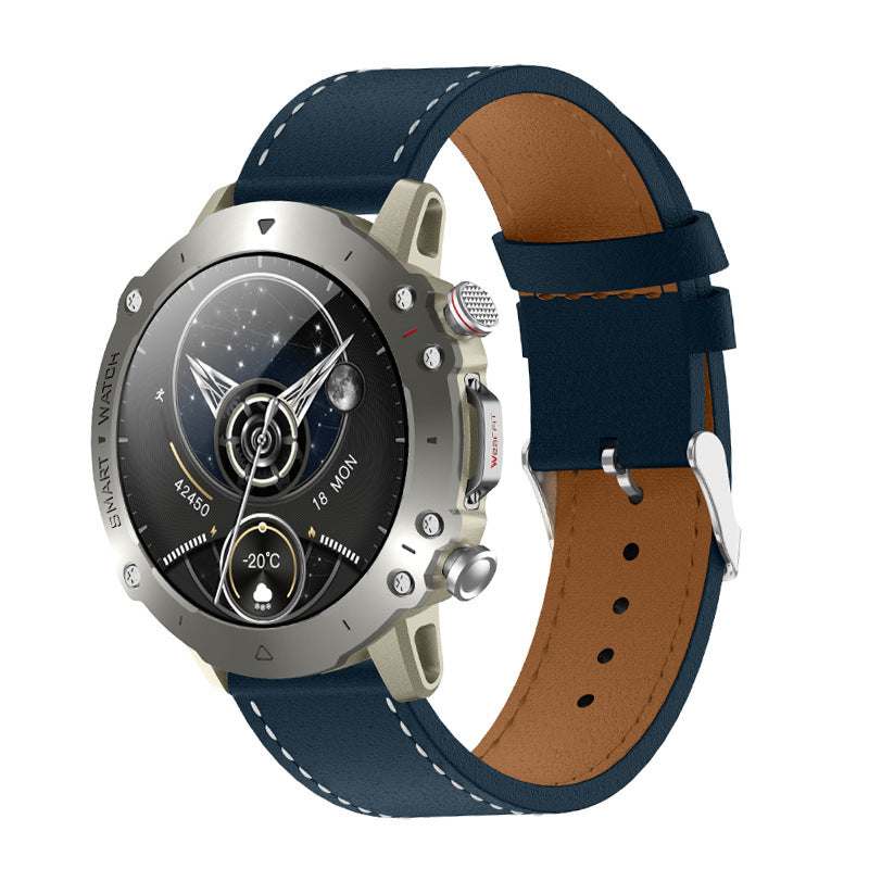 Bluetooth Calling Smart Watch with voice assistant, health monitoring, and blue leather strap.