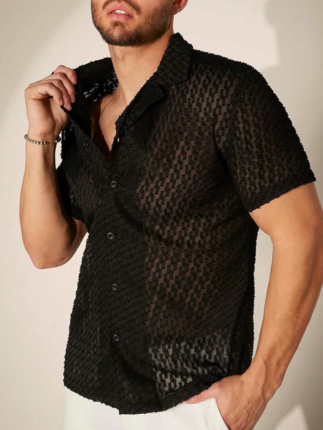 New Men's Hollow Jacquard Casual Slim ShirtProduct information:Pattern: solid colorColor: BlackSuitable for people: YouthSize: S,M,L,XL,XXLStyle: slim fitStyle: CardiganThickness: thinFabric name: cotton blenMen's Hollow JacquardZenvyMarket