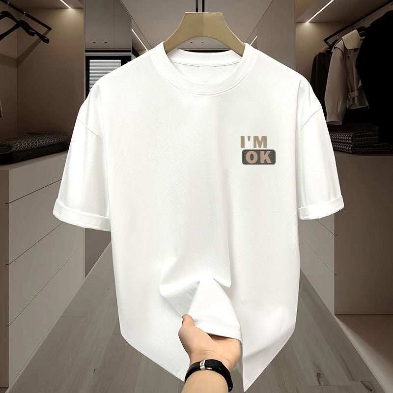 White ice silk short sleeve men's pullover with "I'M OK" printed text design