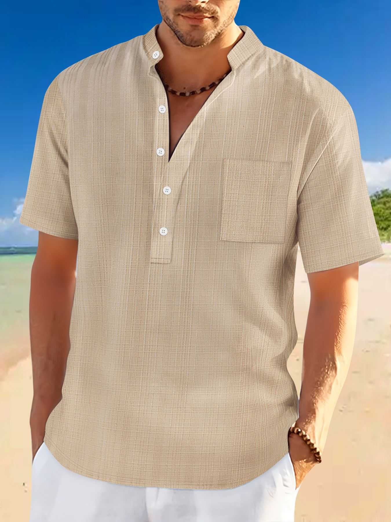 Men's casual stand collar henley shirt in khaki with short sleeves and chest pocket for summer leisure wear