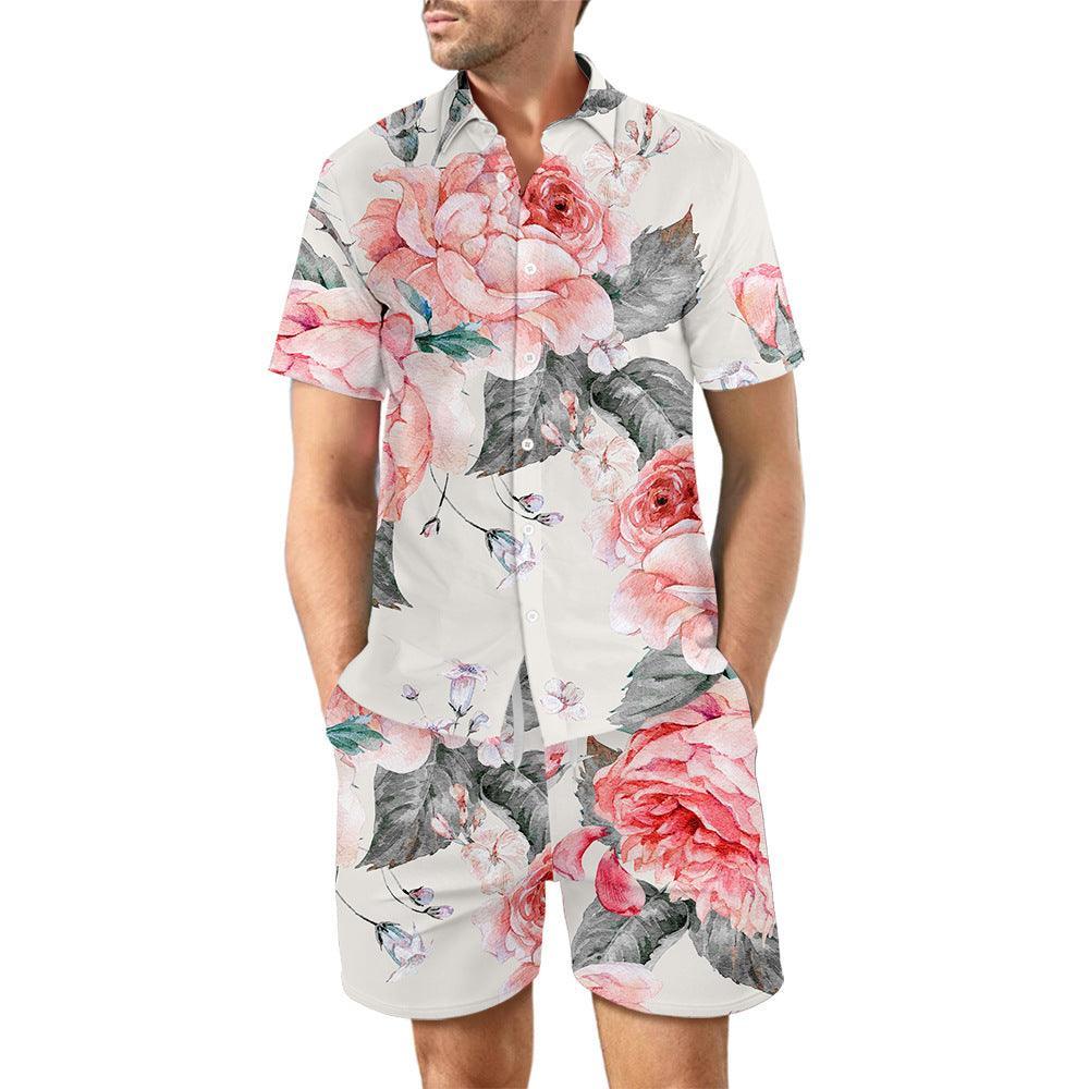 Men's printed beach shirt and shorts set with pink floral design, loose lapel button top, and drawstring pockets shorts for summer casual wear