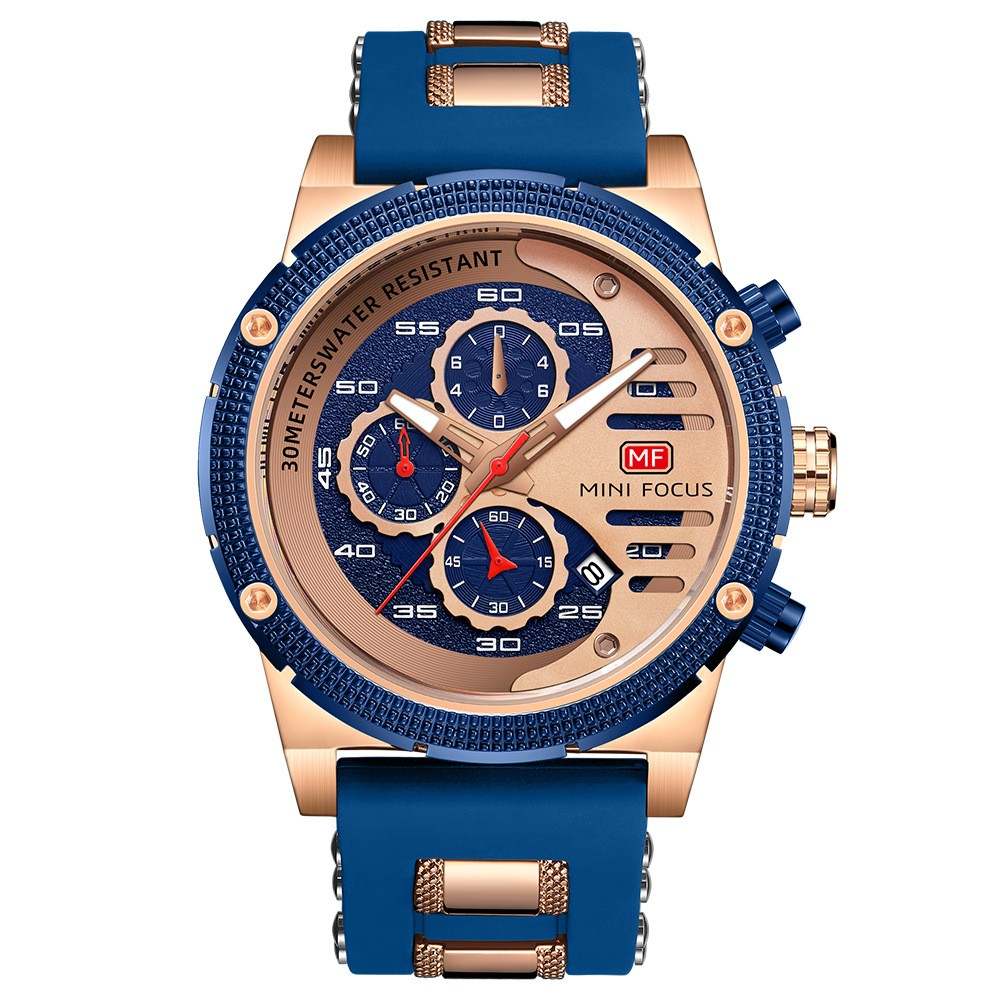 Men's multifunctional waterproof quartz watch with luminous dial and blue strap designed for sports and active lifestyle