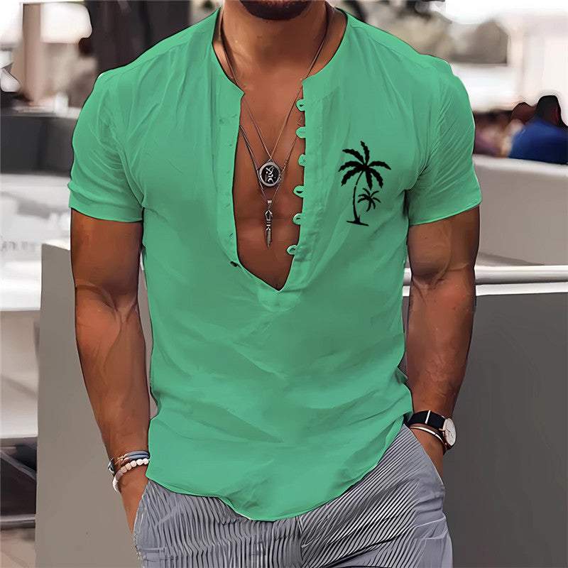 Men's summer short sleeve shirt with 3D digital palm tree printing, lightweight and breathable fabric.