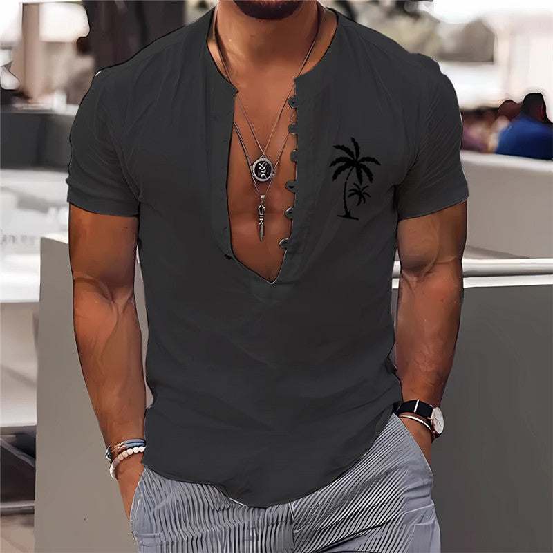 Men's black short sleeve summer shirt with 3D digital printing and palm tree design