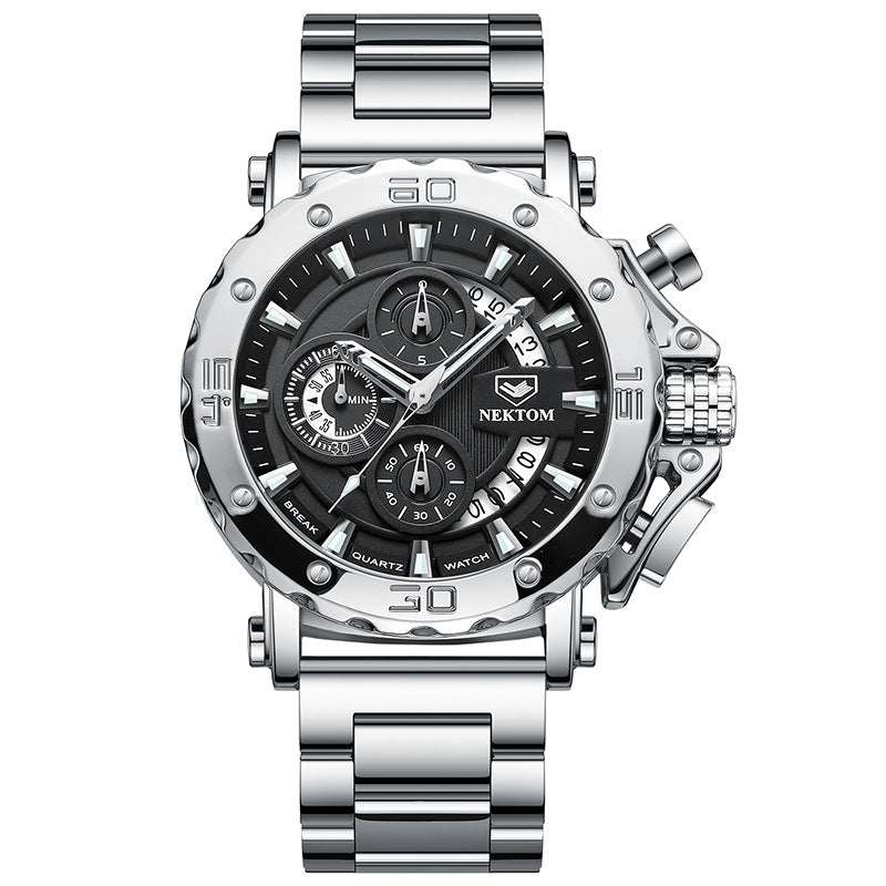 Luminous waterproof men's quartz watch with silver metal band and black multi-function dial