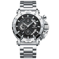 Luminous waterproof men's quartz watch with silver metal band and black multi-function dial
