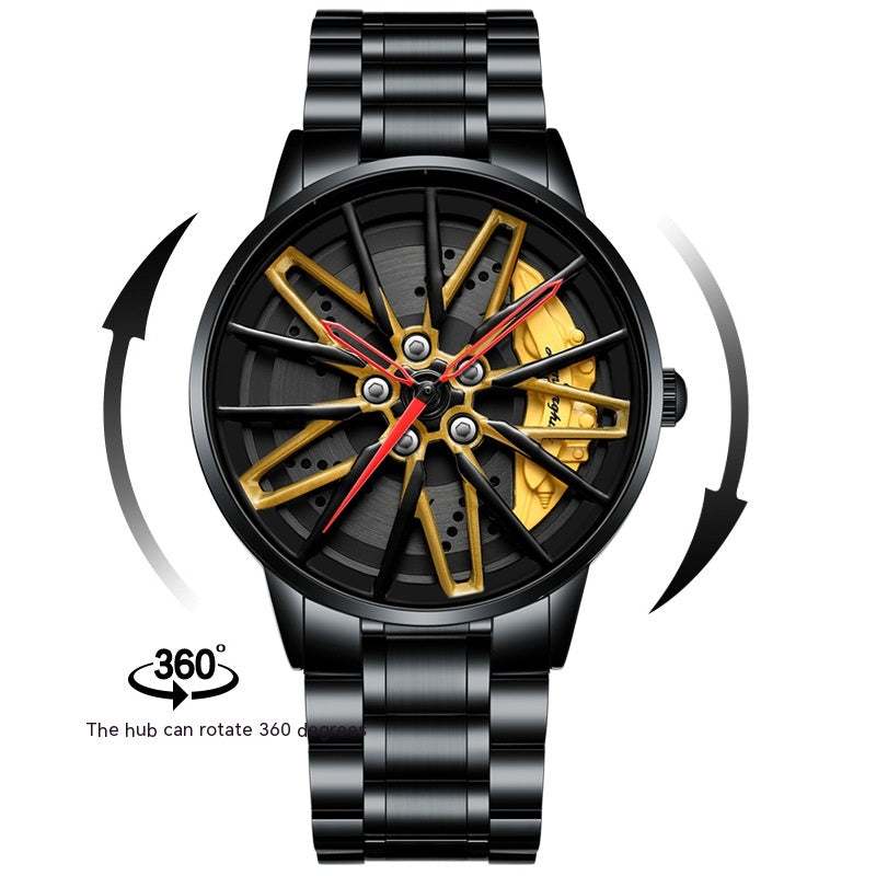 Rotating Wheel Watch with three-dimensional hollow dial and 360-degree rotating hub in black and gold design